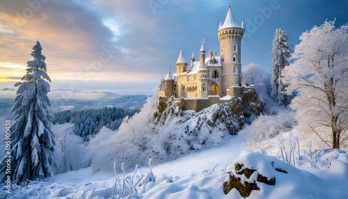 magic castle in a winter wonderland fantasy snowy landscape winter castle on the mountain winter forest