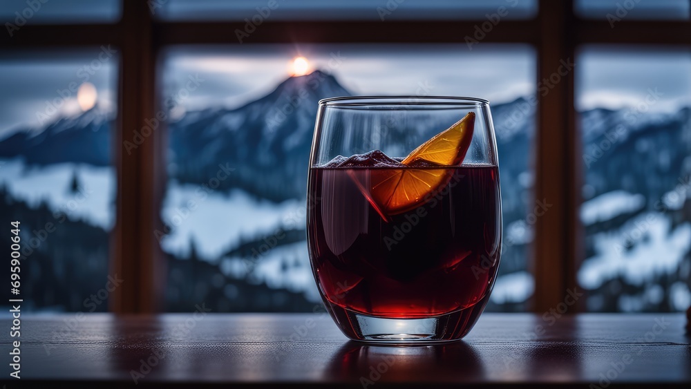 Mulled wine on a wooden board against the background of mountains