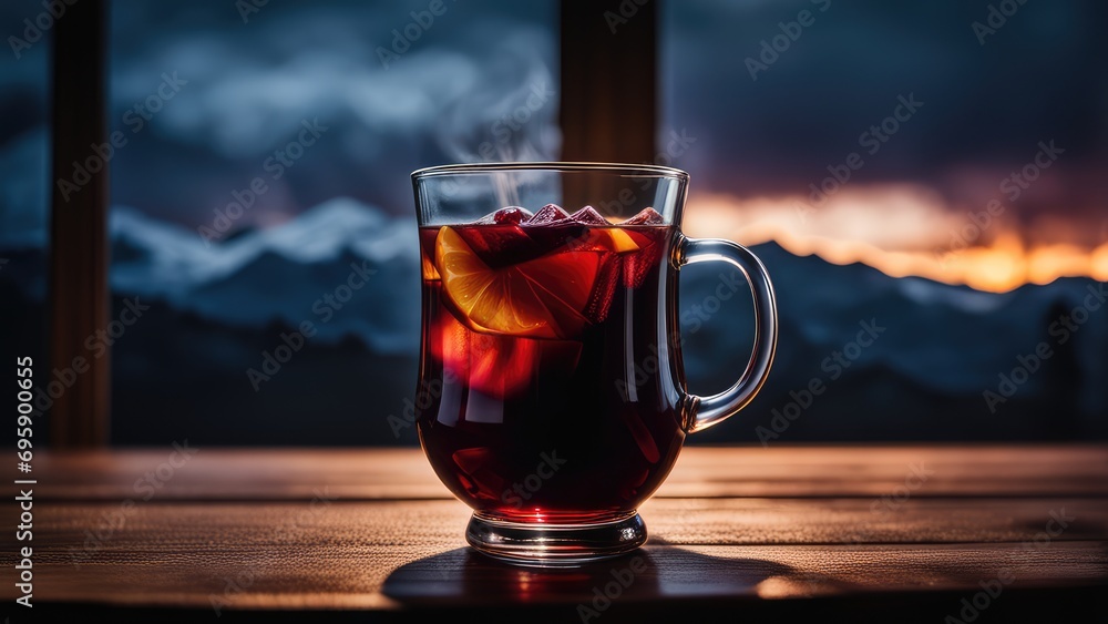 Mulled wine on a wooden board against the background of mountains Mulled wine on a wooden board against the background of mountains