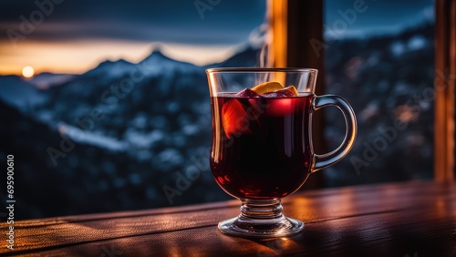 Mulled wine on a wooden board against the background of mountains