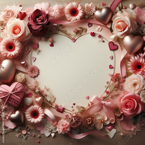 Flatlay with Flowers and Hearts - Background for Valentine's, Mother's or Woman's Day - Space for Copy