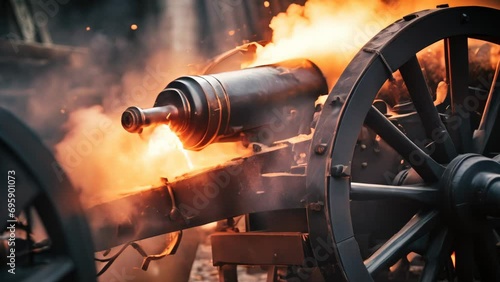 Medieval cannon blast shot with ambers and explosion animation photo