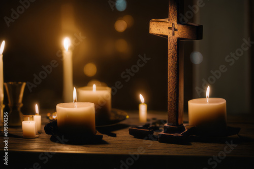 Sacred Symbol: Embrace Serenity with a Handcrafted Wooden Cross And Candles