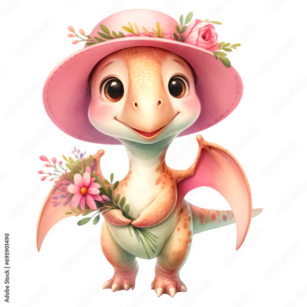 Naklejka premium Watercolor illustration of a cute dinosaur character wearing a cute hat and holding a beautiful flower bouquet.