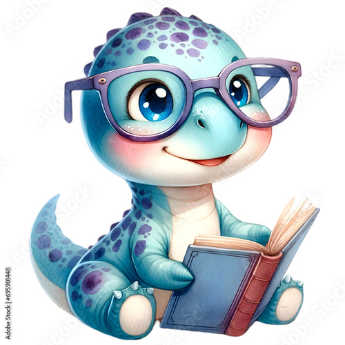 Watercolor illustration of a cute dinosaur character wearing glasses and reading a book. © Clip Arts Fusion 