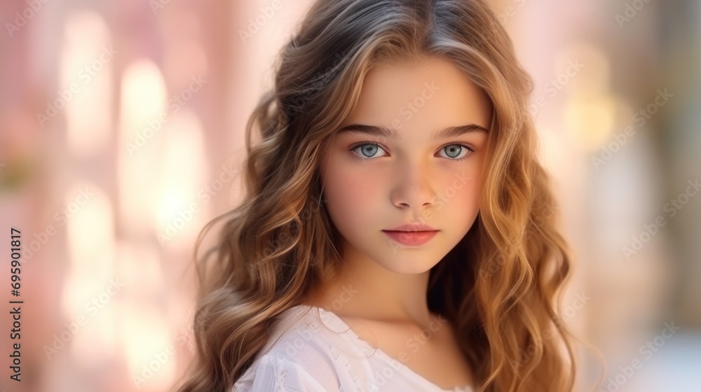 portrait of a beautiful young caucasian white American model teen girl looking forward. child ad with copy space, children, beauty, pretty
