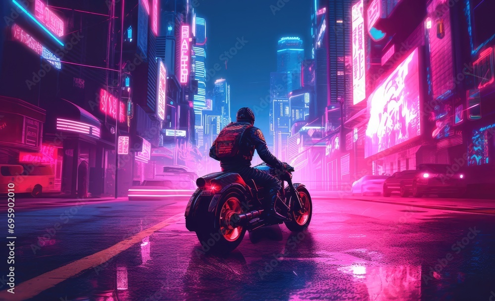 Nightride in the style of retrowave, purple pink colors