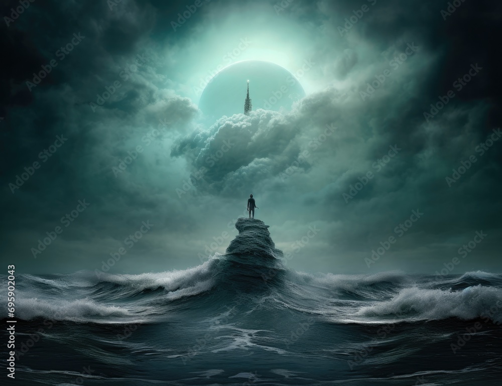 Person standing in the middle of the ocean looking towards the moon
