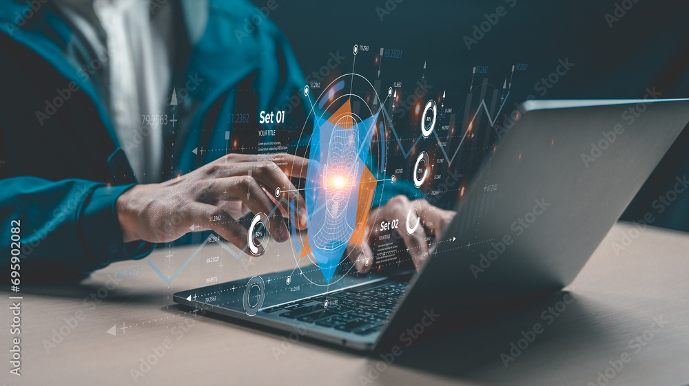 Businessman works on laptop Showing business analytics dashboard by ai ...