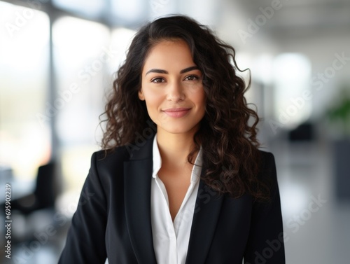 A woman in a business suit posing for a picture.