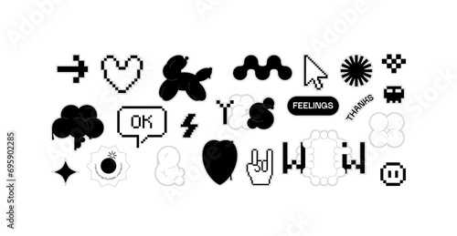 Bubble and pixel Y2k retro sticker pack. Balloon abstract shapes and 8bit icons in trendy retro style. Hello omg yeah. Cartoon graffiti tattoo vector illustration isolated on white background. 