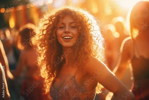Beautiful young woman having fun at colourful music festival. Happy girl enjoying herself and dancing. Summer holiday, vacation concept.