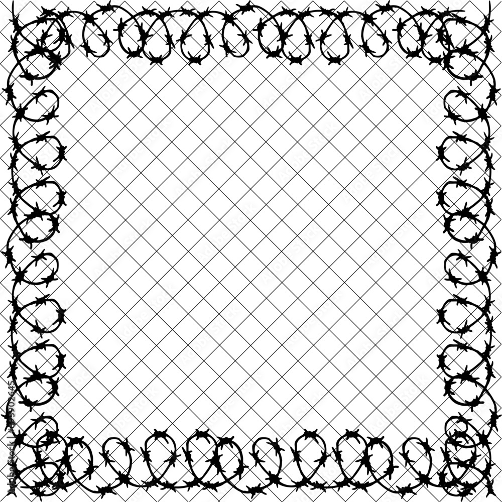 Checkered background with barbed wire on the sides. Black graph line white sheet in a cage with barbed wire. Vector Eps 10