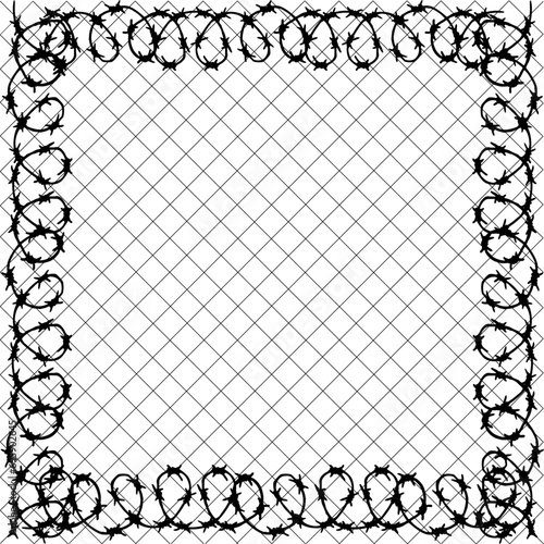 Checkered background with barbed wire on the sides. Black graph line white sheet in a cage with barbed wire. Vector Eps 10