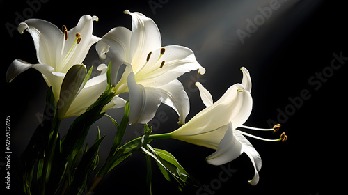 Beautiful white lily flower Beautiful light shines  close-up. Macro Photography. The selected sharpness  on a black background.
