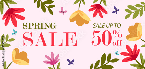 Sale Banners Spring Abstract. Flat floral horizontal banner Template. Vector Illustration.