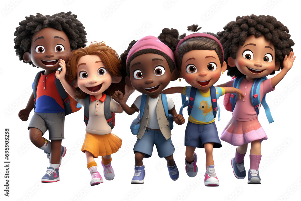 3D cartoon character cute Happy school kids or students, with Friends celebrating holiday summer party dancing having fun together, full body person isolated on white background 3D cartoon character cute Happy school kids or students, with Friends celebrating holiday summer party dancing having fun together, full body person isolated on white background