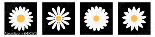White chamomile icon. Daisy camomile set. Cute flower plant. Love card. Cartoon kawaii funny collection. Square black shape frame silhouette. Growing concept. Flat design. White background.