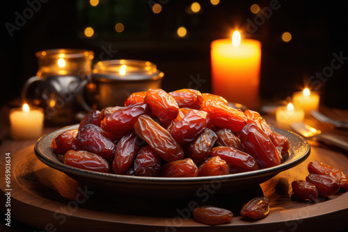 sweet date fruits in wooden plate