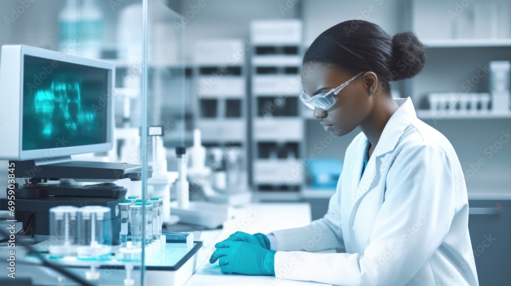 A woman in a lab coat is working on a computer. An african tech, phd student or young scientist researcher. A woman in a lab coat is working on a computer. An african tech, phd student or young scientist researcher.