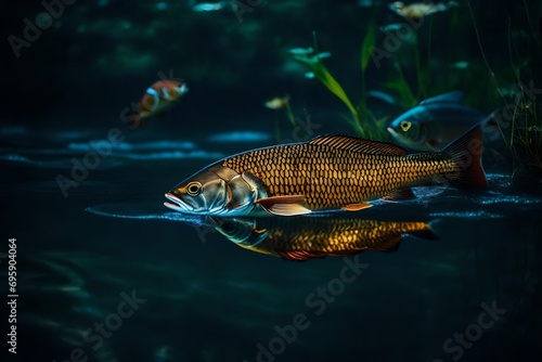 Fish swimming gracefully in a moonlit river, shimmering reflections on the water's surface, emphasizing the intricate scales and vibrant colors of the fish © usama