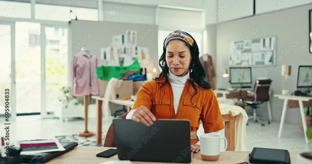 Creative woman, laptop and coffee in small business, fashion or clothing design at office. Female person, tailor or employee with tea and computer for morning startup or productivity at workplace Creative woman, laptop and coffee in small business, fashion or clothing design at office. Female person, tailor or employee with tea and computer for morning startup or productivity at workplace