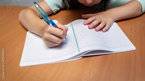 Close nas mãos de uma criança que está a escrever em um caderno. Conceito de volta às aulas.