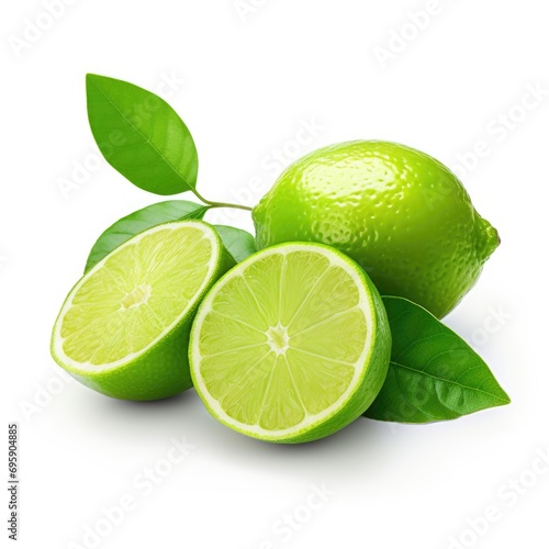 Two limes and a half cut lime on a white surface.