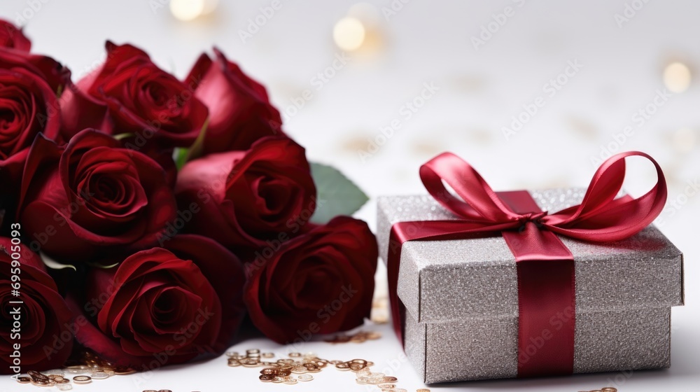 A bunch of red roses sitting next to a gift box. Valentines day background. A bunch of red roses sitting next to a gift box. Valentines day background.