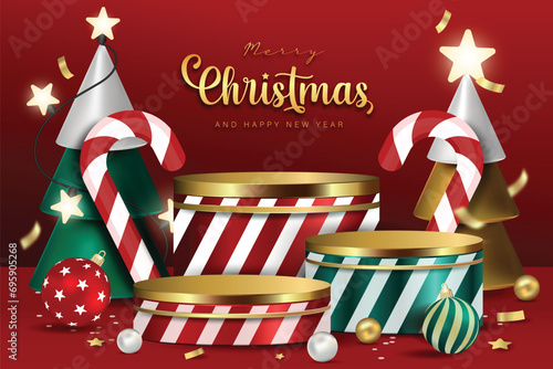 Colorful Christmas decoration elements with stage podiums for products display on festive red background, vector design