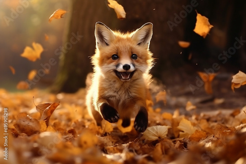 A cute fox runs in leaf fall through autumn leaves a view of wild nature the joy of change, a dynamic scene of flying leaves 