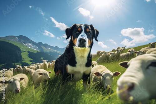 Alert dog of swiss mountain dog or sennenhund breed grazing  and guarding a flock of sheep at highlands pasture. photo