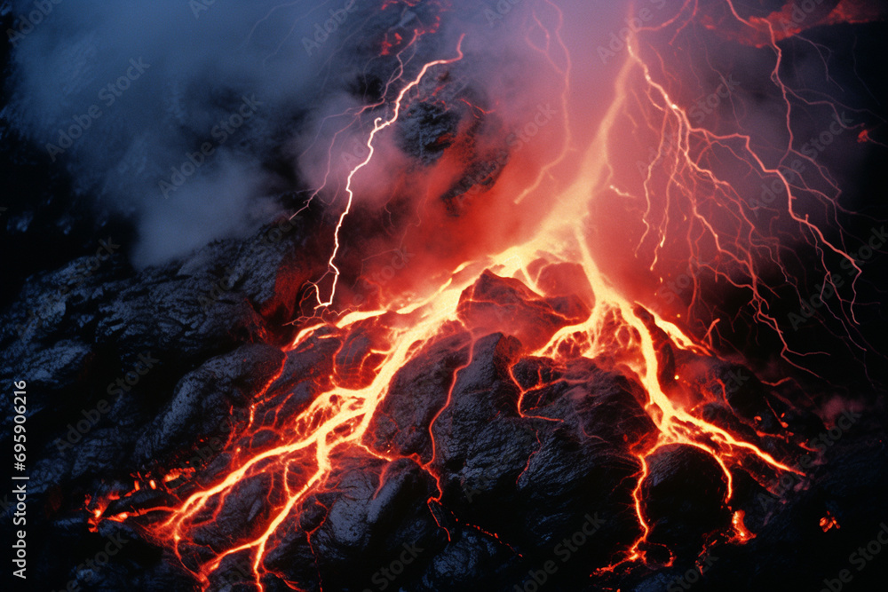 Abstract portrayal of volcanic lightning, a rare phenomenon that occurs during volcanic eruptions, combining the forces of fire and electricity.