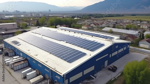 Solar panels installed on a roof of a large warehouse or industrial building. Industrial buildings in the background. Aerial view.