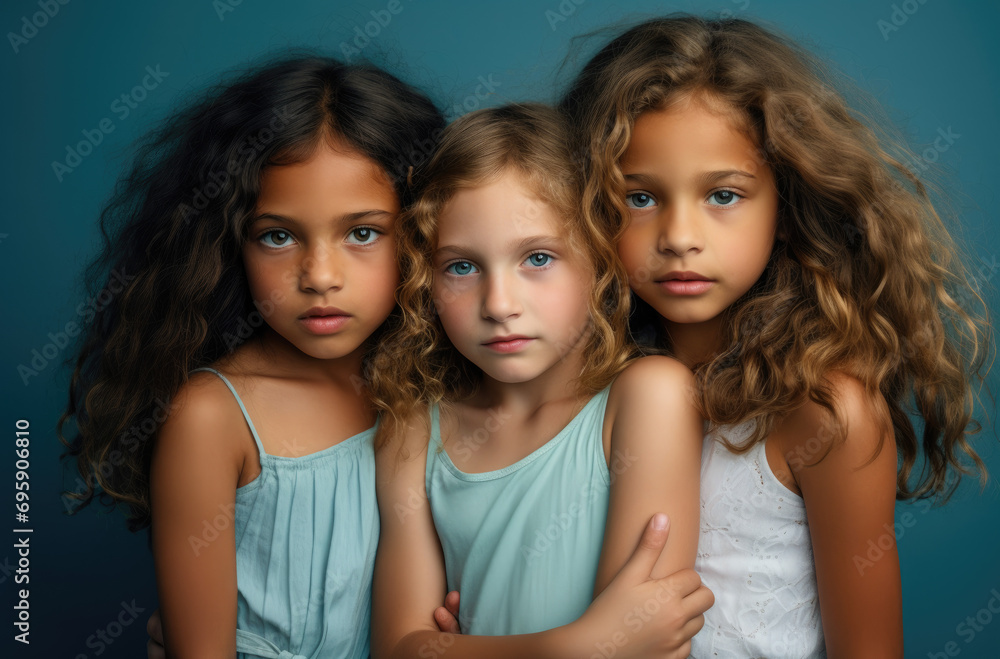 three beautiful little girls posed in studio, isolated on blue background