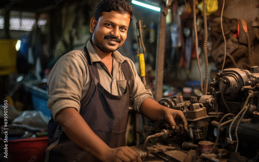 Indian young man auto mechanic working at workshop.