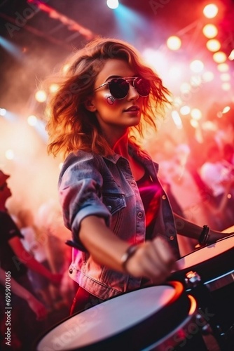 Beautiful young woman having fun at colourful music festival. Happy girl enjoying herself and dancing. Summer holiday, vacation concept.