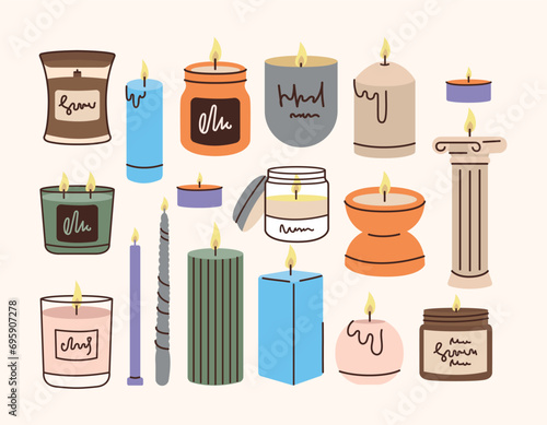 Soy wax candles flat elements. Home decorative natural candles.