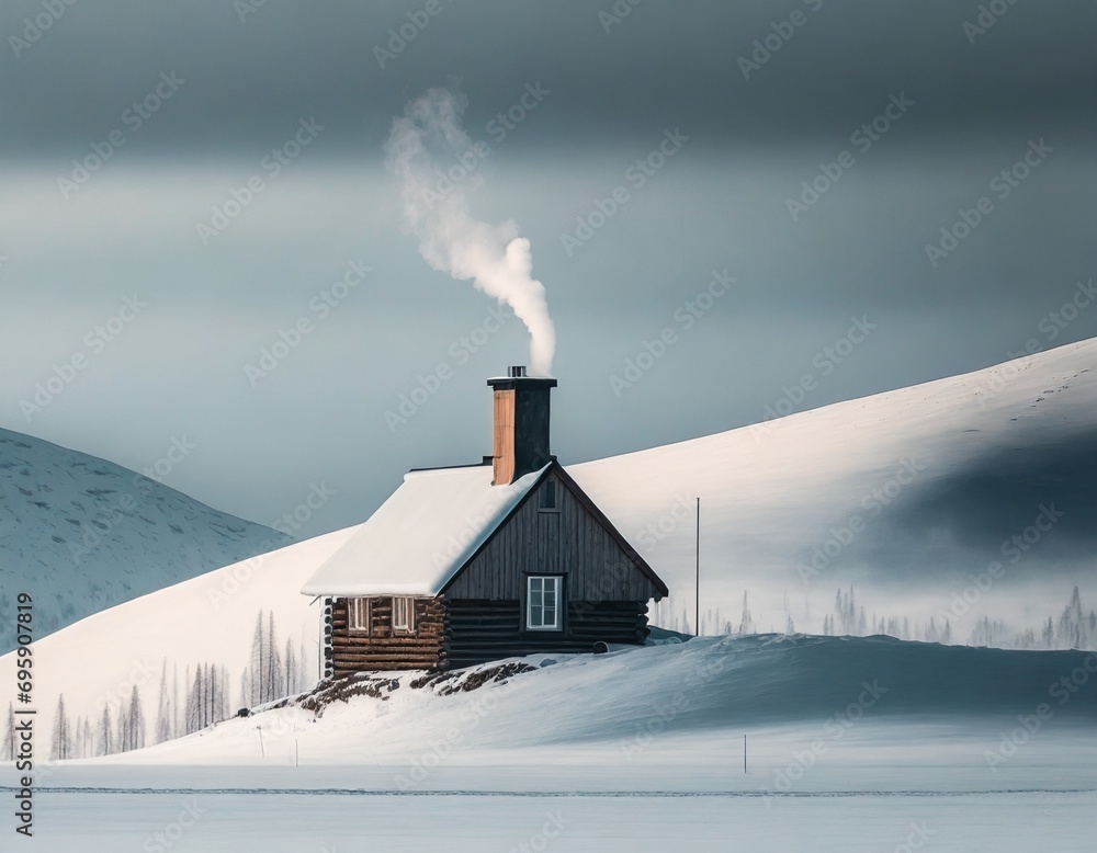 Lonely wooden house in the middle of snowy hill, smoking chimney Lonely wooden house in the middle of snowy hill, smoking chimney