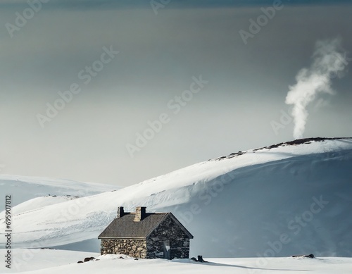 onely stone house in the middle of snowy hill, smoking chimney photo