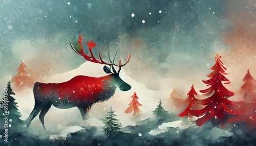 Christmass concept painting with green, white and red colorsi reindeer and caribbou, pine tree, snowy weather