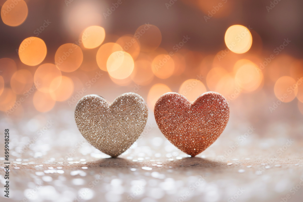 Corazones con brillos en fondo desenfocado, concepto de enamorados. Corazones con brillos en fondo desenfocado, concepto de enamorados.