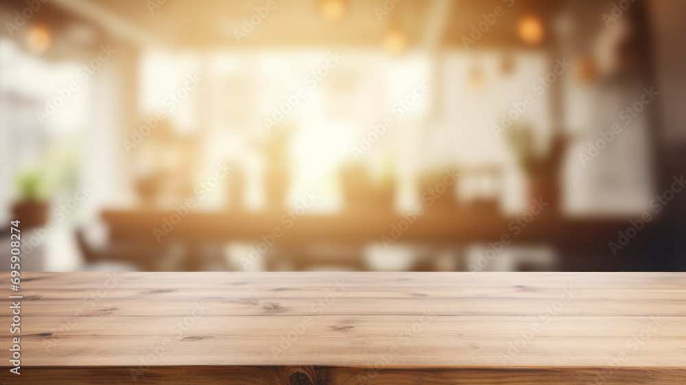 Encimera de madera en la cocina, con fondo desenfocado. Encimera de madera en la cocina, con fondo desenfocado.