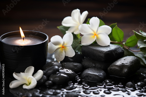 Jardín zen con vela piedras de río y flores blancas delicadas.