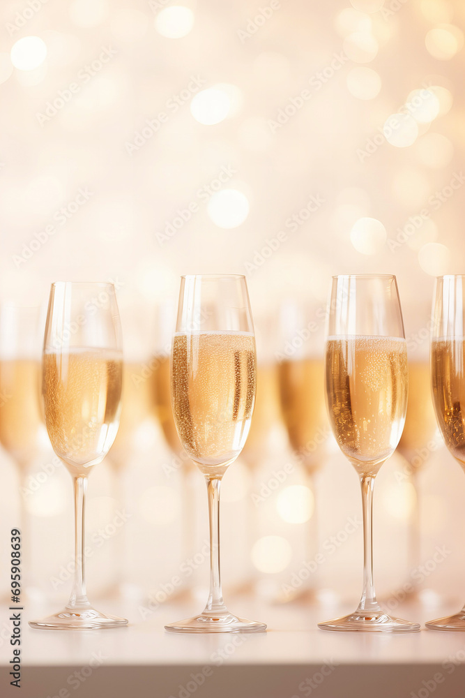 row of champagne glass flutes with bubbles, festive, peach fuzz bokeh for New Year or wedding reception row of champagne glass flutes with bubbles, festive, peach fuzz bokeh for New Year or wedding reception