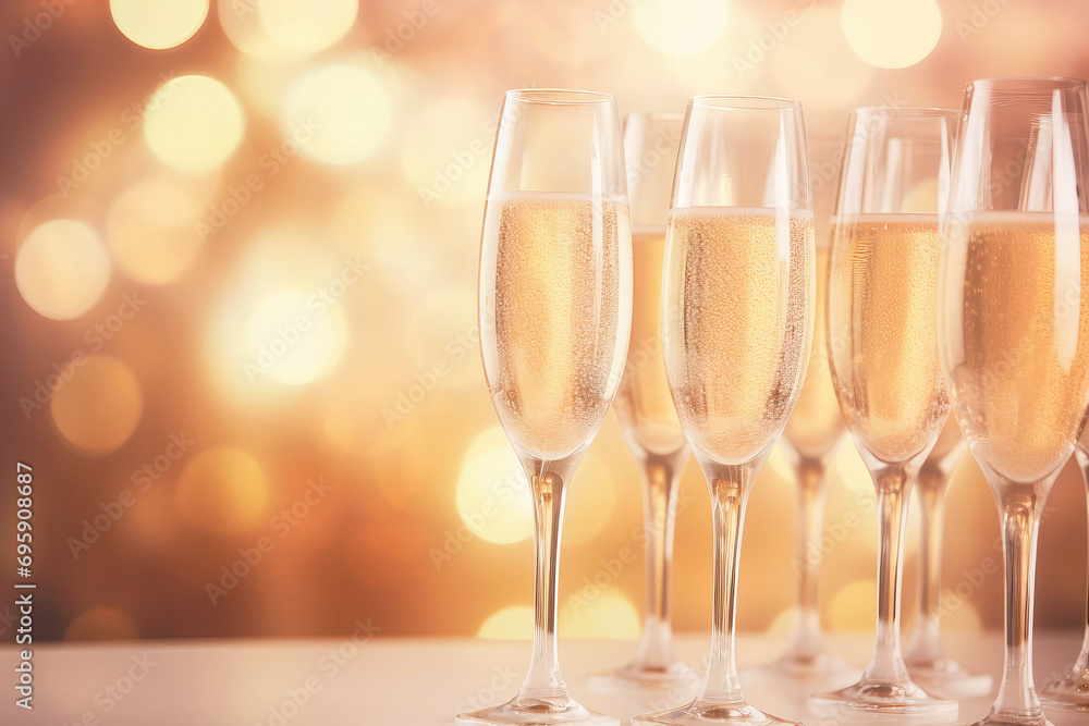 row of champagne glass flutes with bubbles, festive, peach fuzz bokeh for New Year or wedding reception
