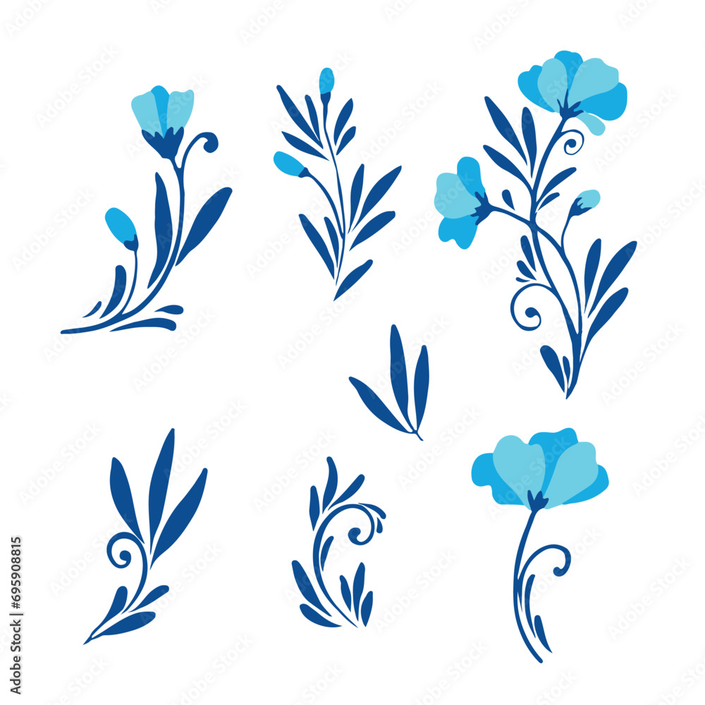 Set flower or ornamental plant. Botanical print of leaves, flowers and curls. A simple natural pattern. Vector illustration on a white background.
