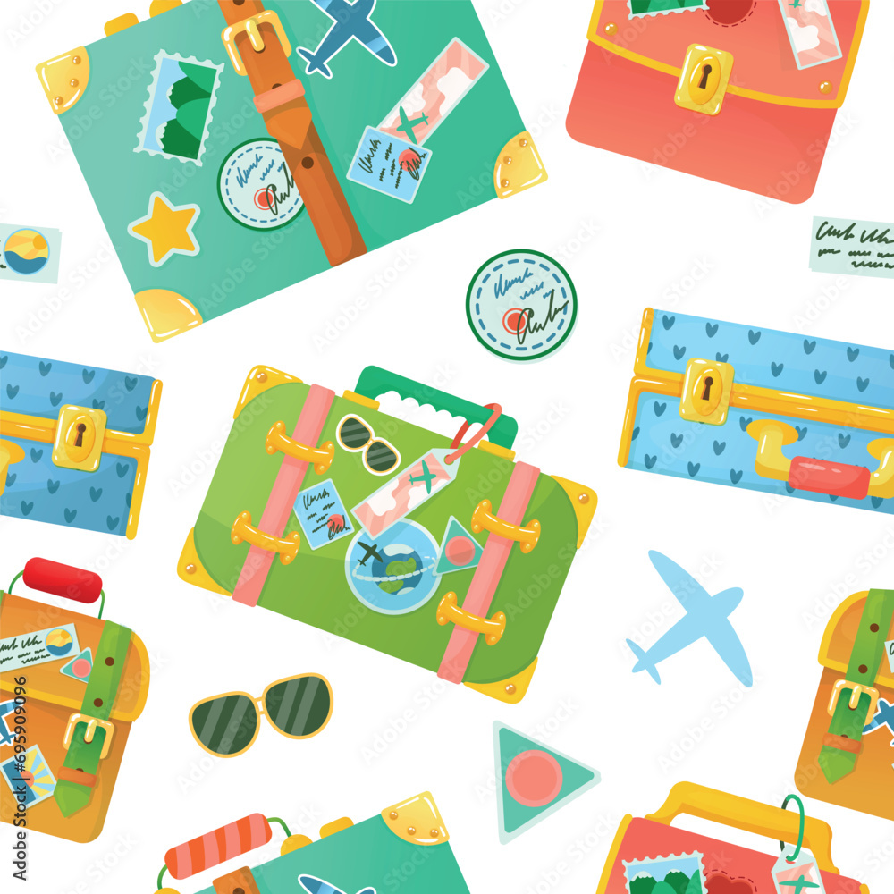 Fototapeta premium Bright pattern of suitcases. Personal baggage. Hand luggage. Travel bag. Things for vacation. Seamless pattern vector illustration