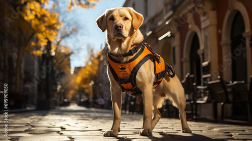 Friendly guide dog confidently navigating city in sophisticated dog clothes, AI Generated