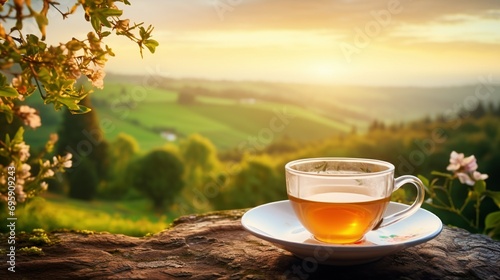 A steaming cup of tea on a dainty saucer, set against a blurred field of wildflowers and rolling hills photo